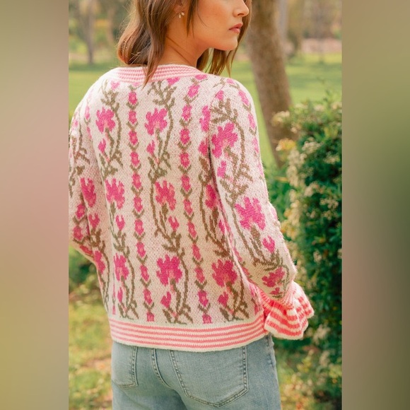 Fuchsia pink floral intarsia Puff striped Sleeve boho bohemian ribbed sweater - Picture 10 of 12